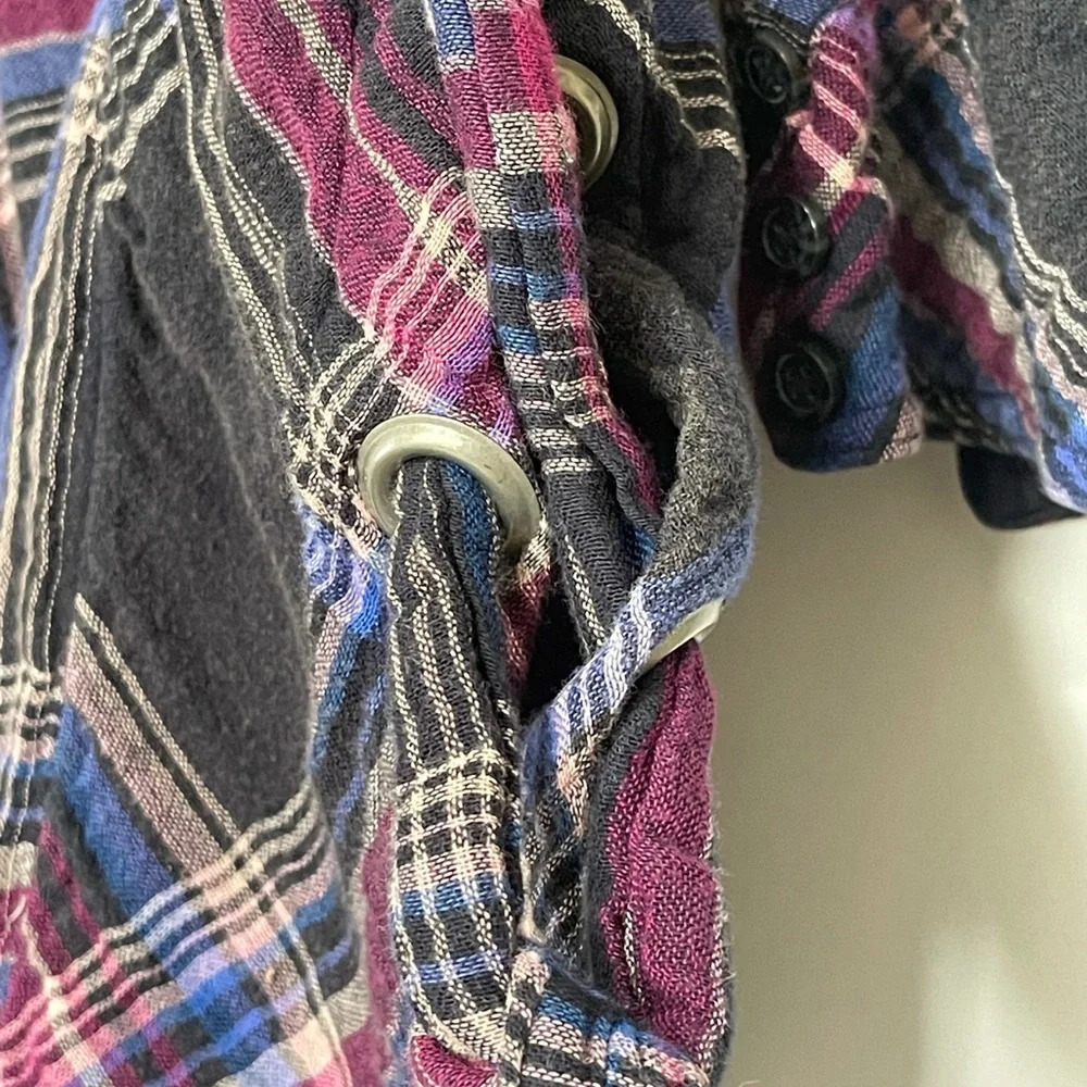 FREE PEOPLE Nordic Day Top Plaid Buttondown Oversized Purple Blue Shirt XS - Picture 10 of 16
